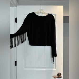 Long sleeve black top with fringe detail